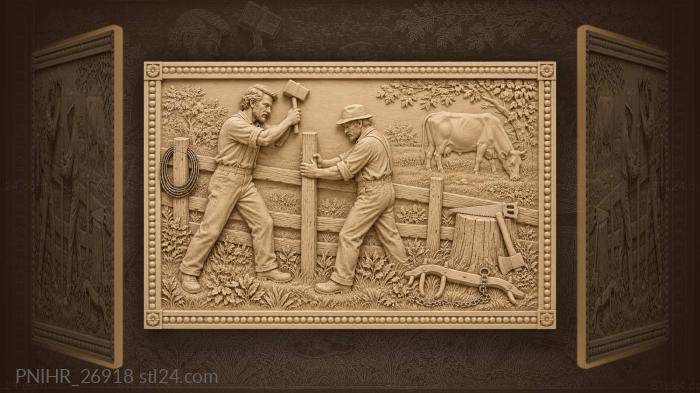 Fence menders hammer a post near cattle 3d STL model