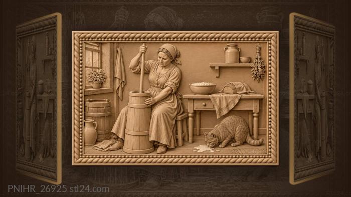 Dairywoman churns as the cat steals cream 3d STL model