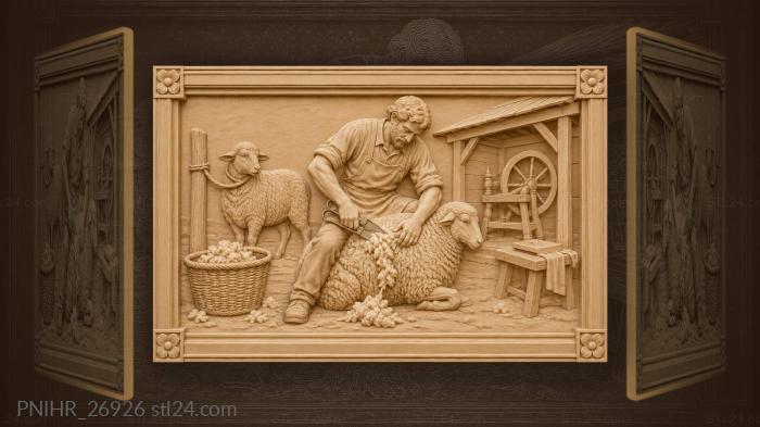 Shepherd shearing a fluffy sheep 3d STL model