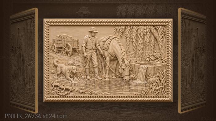 Man watering horse by pond 3d STL model