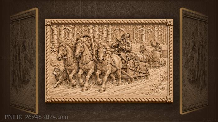 Horses hauling loaded winter sledge 3d STL model