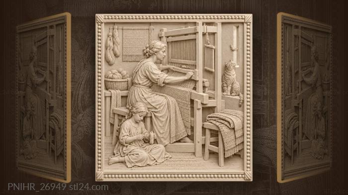 Woman weaves while child winds bobbin 3d STL model