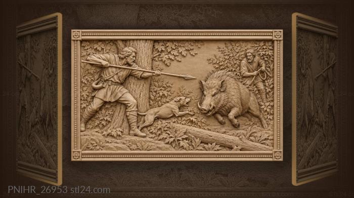 Hunter confronts boar with spear 3d STL model