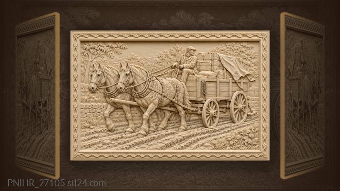 Horses pulling a heavy wagon 3d STL model