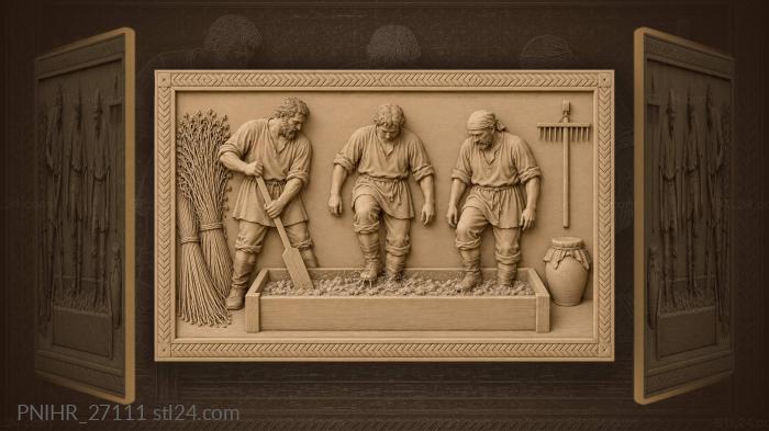 Flax beating men working trough 3d STL model