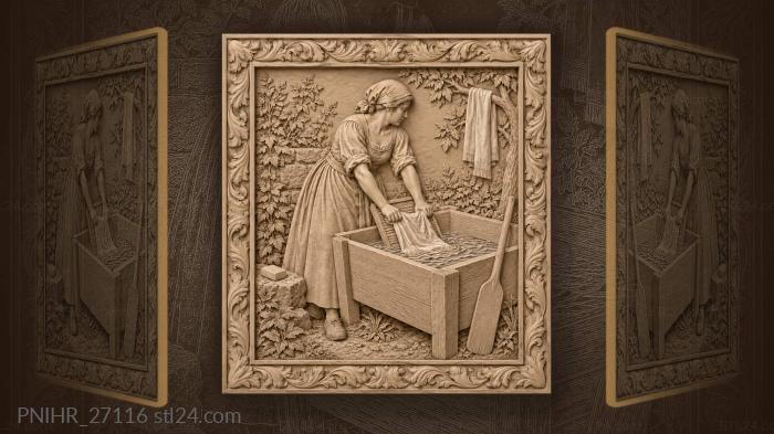 Woman scrubs sheet on ribbed washboard 3d STL model
