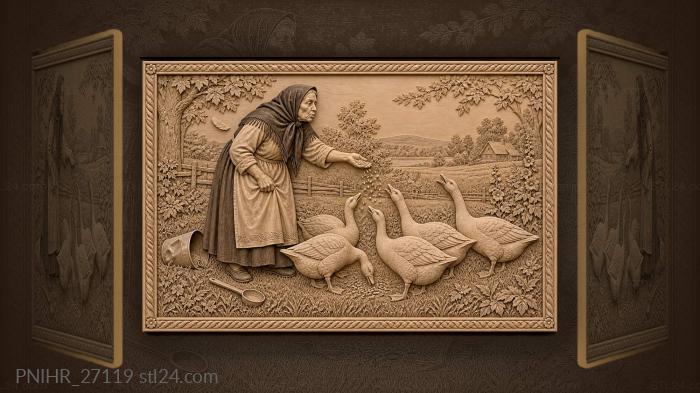 Old woman feeding geese grain 3d STL model