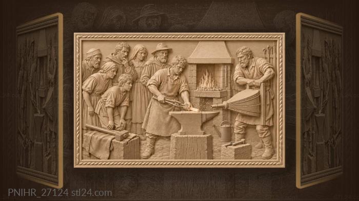 Smith pumps bellows as apprentice grips iron 3d STL model