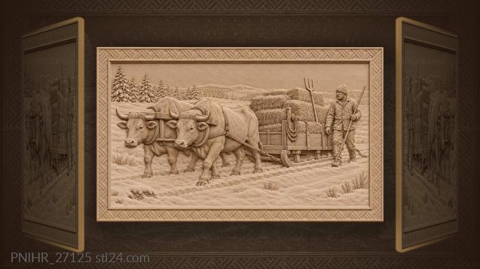 Winter hay harvest strong oxen team 3d STL model