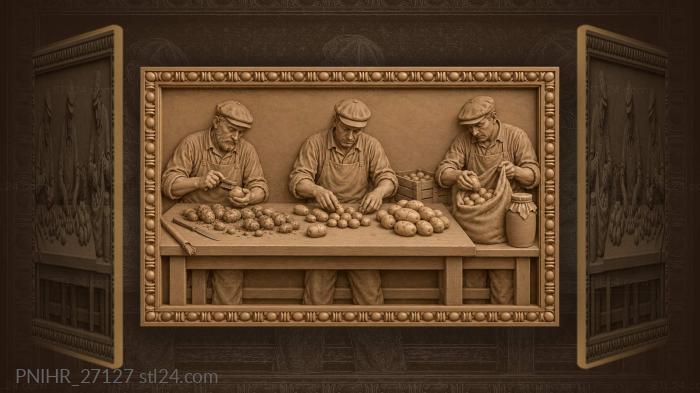 Three men grading potatoes at a table 3d STL model