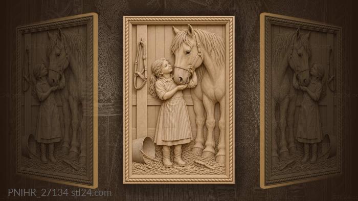 Girl feeding oats to horse 3d STL model