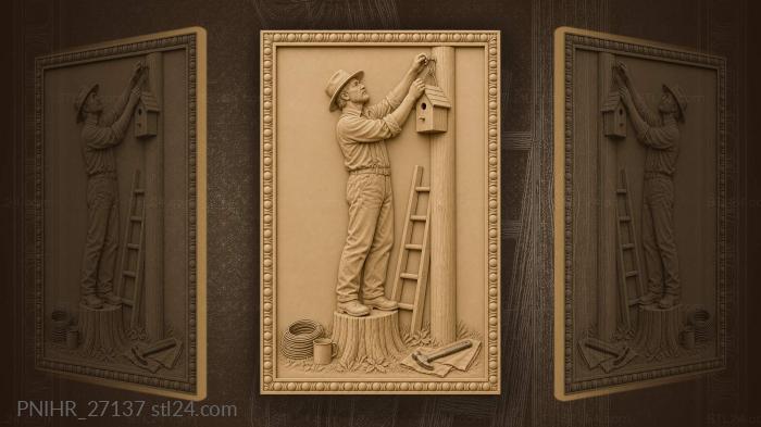 Man hanging birdhouse on pole 3d STL model