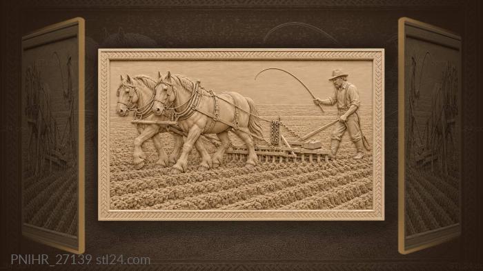 Horses harrowing freshly plowed field 3d STL model