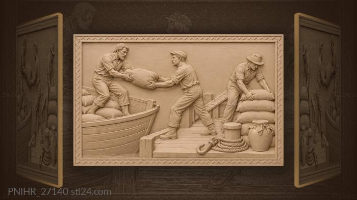 Dockworkers pass sacks from flatboat 3d STL model