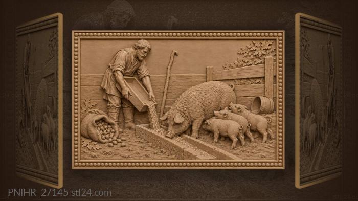 Swineherd pours slops for three piglets 3d STL model