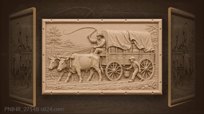 Teamster cracks whip as oxen haul wagon 3d STL model