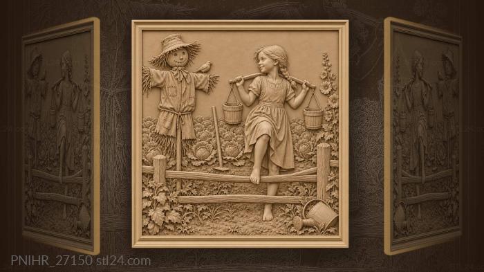 Milkmaid carries buckets over garden fence 3d STL model