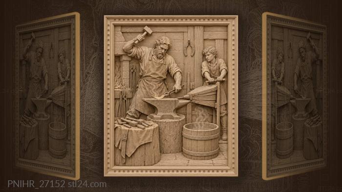 Apprentice pumps bellows as blacksmith strikes 3d STL model