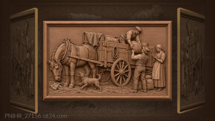 Country cart unloading grain harvest scene 3d STL model