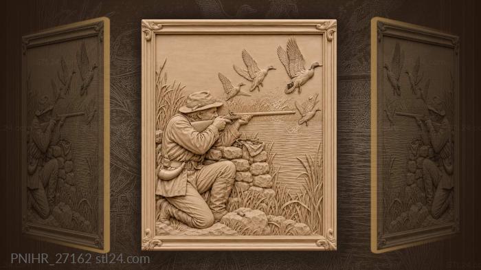 Hunter aims at ducks above pond 3d STL model