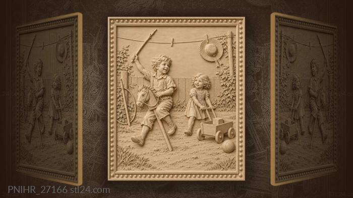 Playful children with hobbyhorse and cart 3d STL model