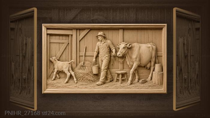 Farmer with cow and playful calf 3d STL model