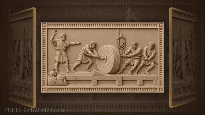 Crew rolls millstone under foremans command 3d STL model