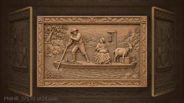 Ferryman poles passenger and goat across river 3d STL model
