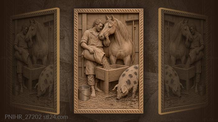Stablehand pours oats for the mare 3d STL model