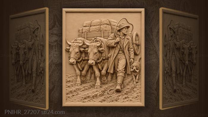 Teamster walks beside a loaded oxcart 3d STL model