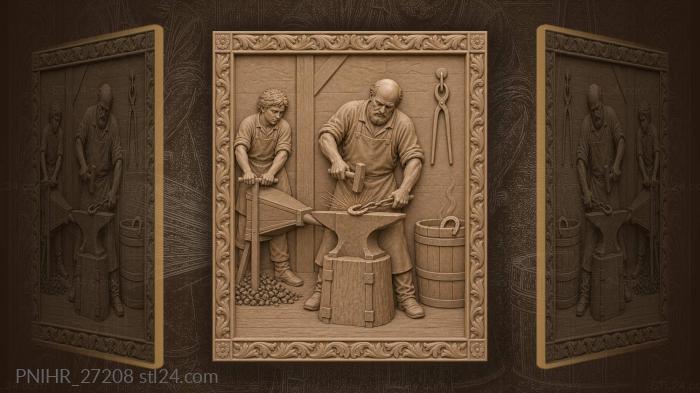 Veteran smith hammers horseshoe beside steaming barrel 3d STL model