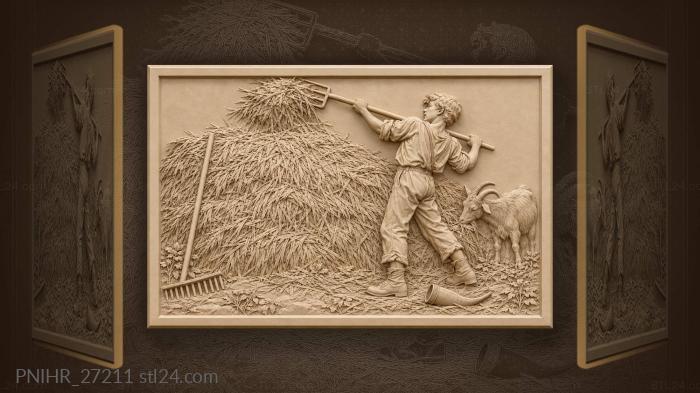Farmhand pitches dry grass above his head 3d STL model