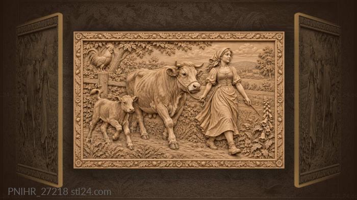 Shepherdess guides cow along the dewy path 3d STL model