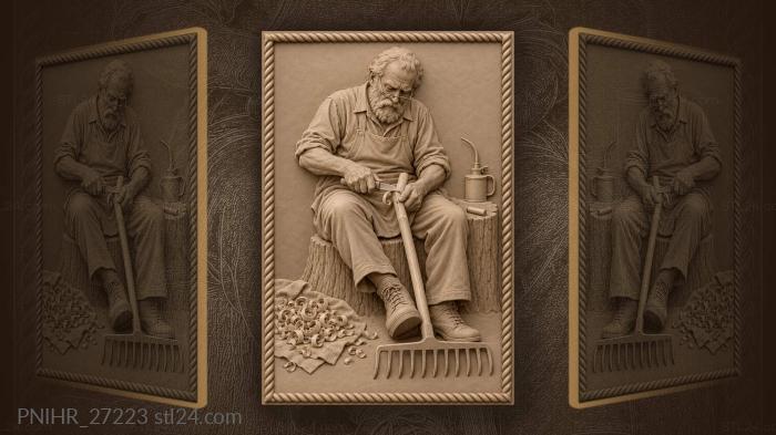 Old man shaves a new rake handle 3d STL model