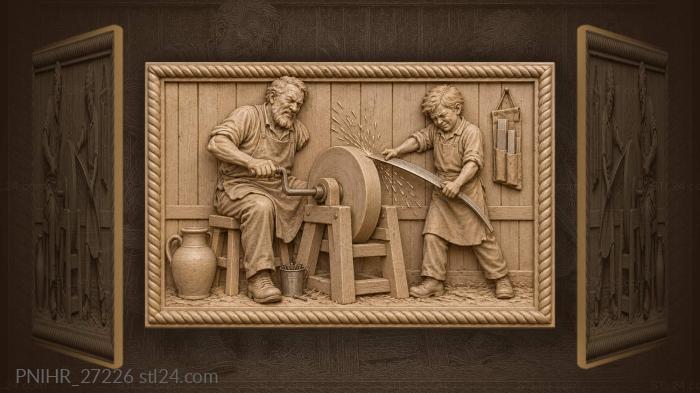 Veteran sharpening scythe with young helper 3d STL model