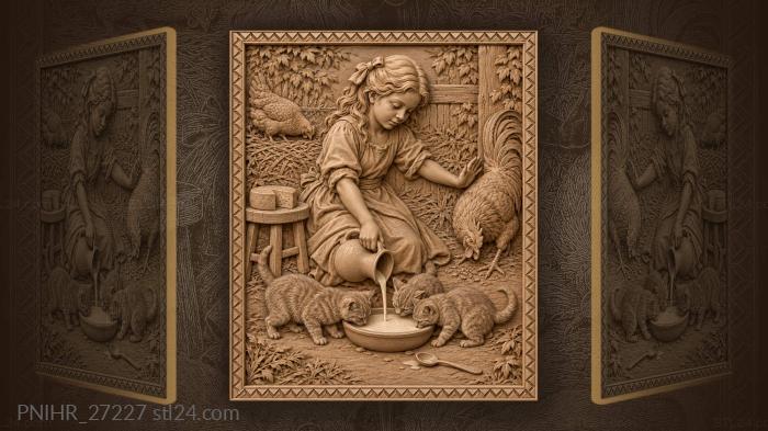 Girl with kittens and playful rooster 3d STL model