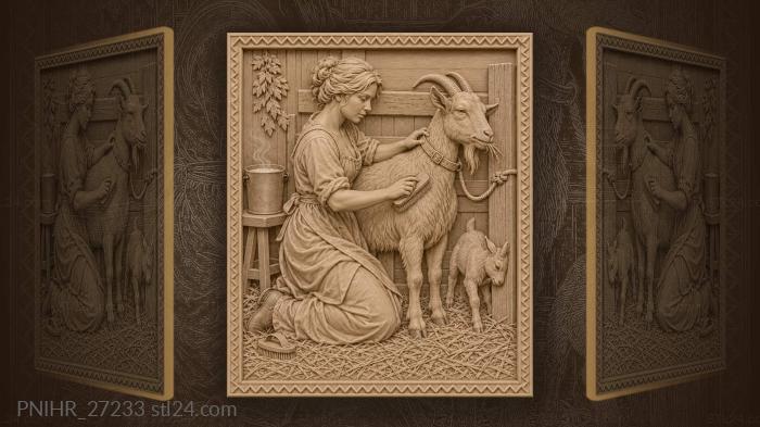 Woman brushes the tethered goat 3d STL model