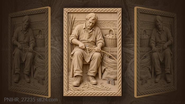 Weaver peels willow beside apple basket 3d STL model