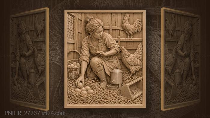 Woman gathers duck eggs into a basket 3d STL model