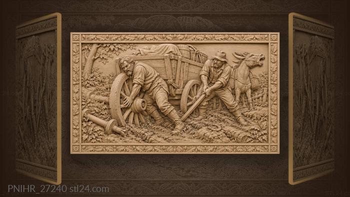 Driver frees wagon wheel beside braying donkey 3d STL model