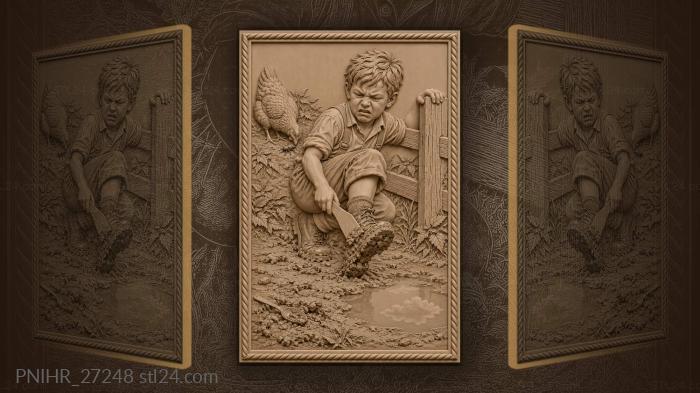 Lad scrapes muddy boots by puddle 3d STL model