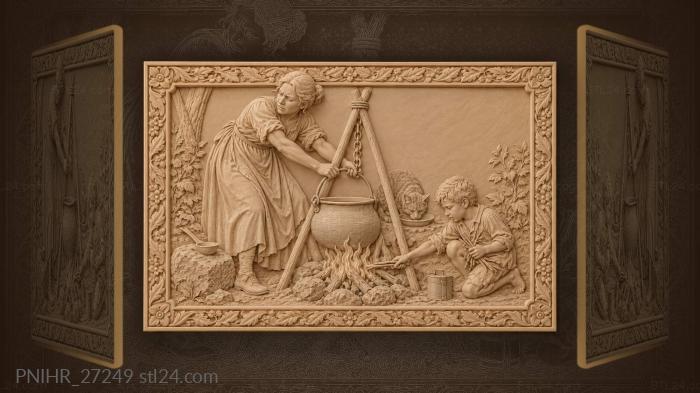 Cook hangs cauldron while child feeds flames 3d STL model