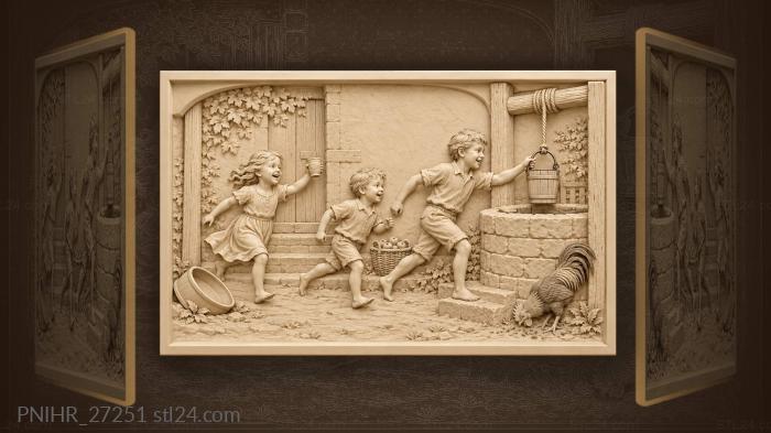 Three barefoot children run to the well 3d STL model