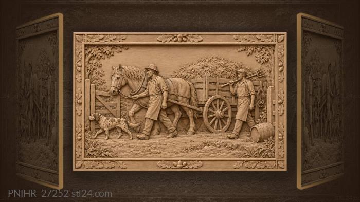 Hay wagon with farmers and dog 3d STL model