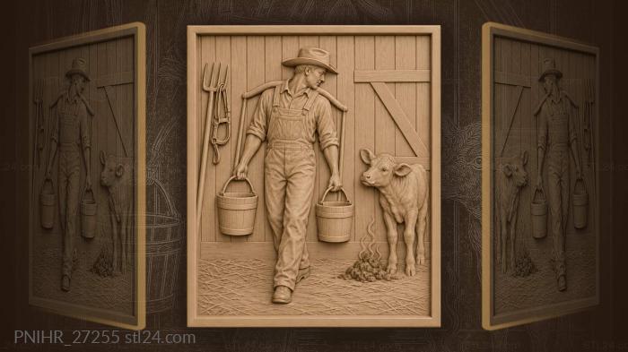 Cowboy herding calf towards barn 3d STL model