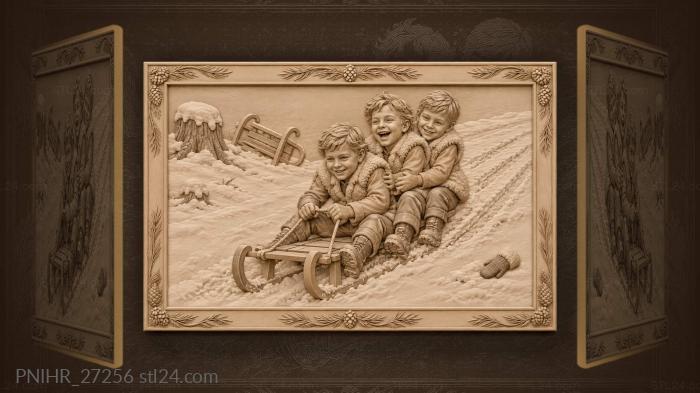 Three boys race downhill on one sled 3d STL model