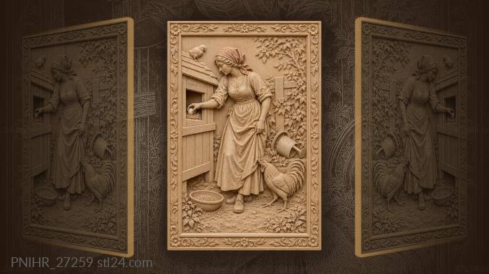 Rural scene with hen and rooster 3d STL model