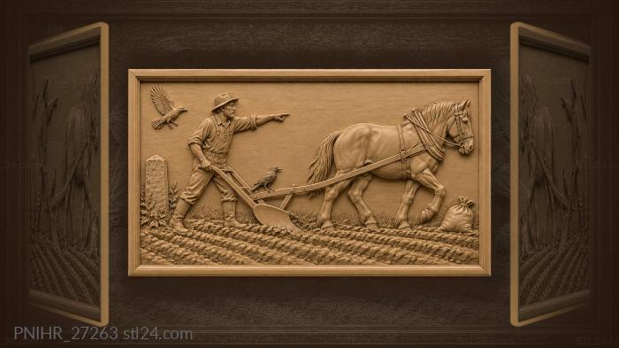 Farmer plowing with horse and crows 3d STL model