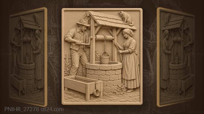 Cat perched on well roof 3d STL model