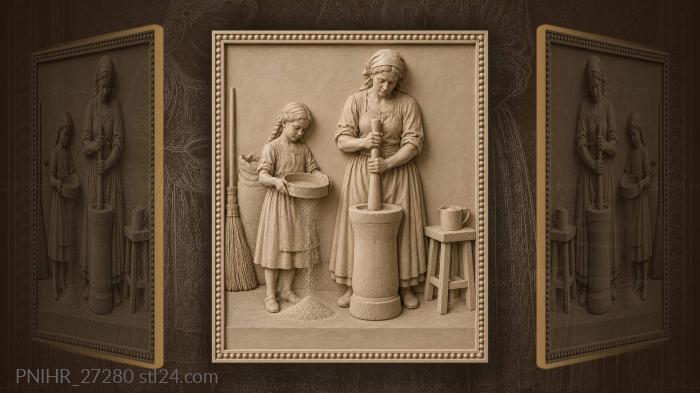 Mother and daughter milling grain together 3d STL model